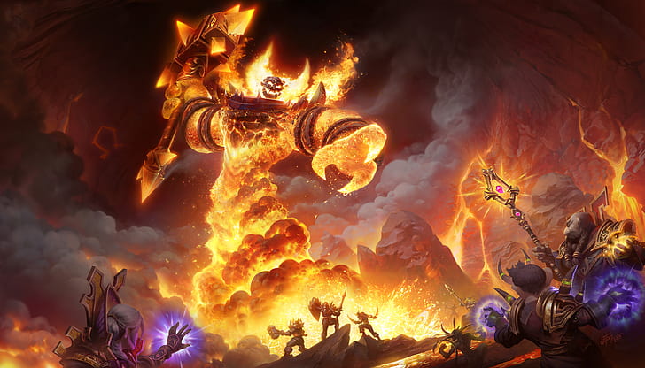 Warcraft, World of Warcraft, Ragnaros, magician, weapon, video games, Video Game Art, HD wallpaper