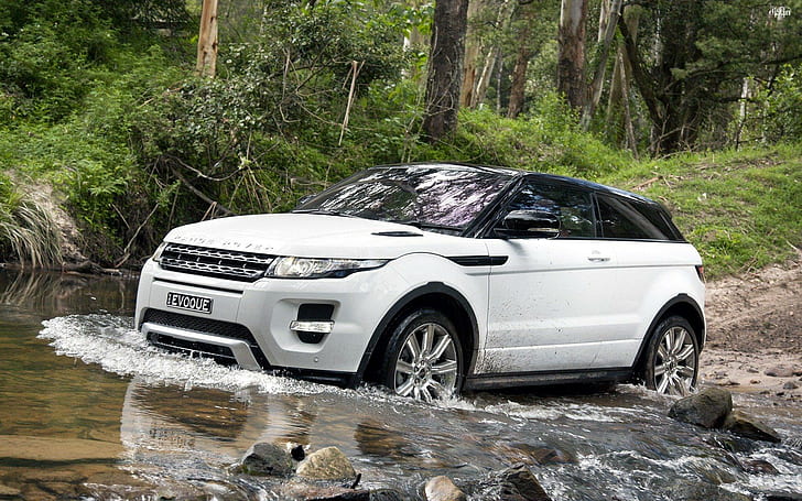 Range Rover Evoque, forest, river, range, rover, cars, HD wallpaper