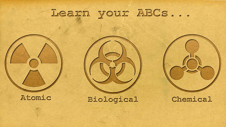 learn your ABCs text, humor, dark humor, minimalism, quote, text, circle, logo, radiation, biohazard, chemistry, warning signs, simple background, knowledge, yellow, HD wallpaper