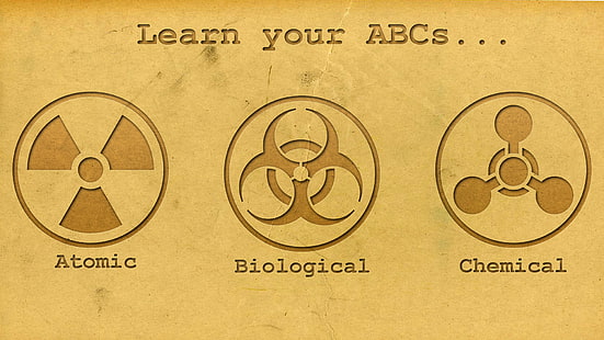 learn your ABCs text, humor, dark humor, minimalism, quote, text, circle, logo, radiation, biohazard, chemistry, warning signs, simple background, knowledge, yellow, HD wallpaper HD wallpaper