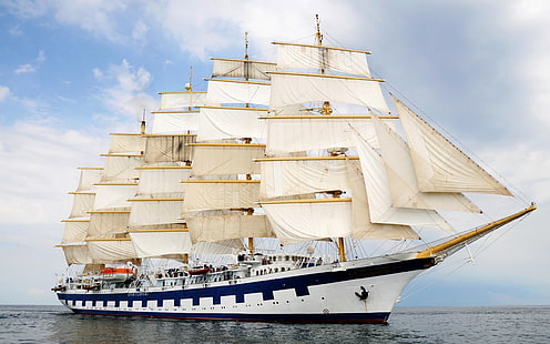 Una grande barca a vela, barca a vela bianca e blu, grande, vela, Sfondo HD HD wallpaper