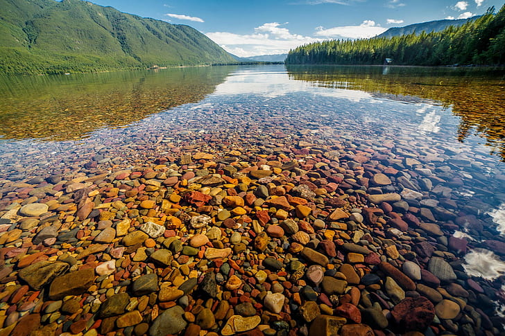Parque Nacional das Geleiras, Lago McDonald, Natureza, água, rochas, Parque Nacional das Geleiras, Montana, Lago, Lago McDonald, Paisagem, HD papel de parede