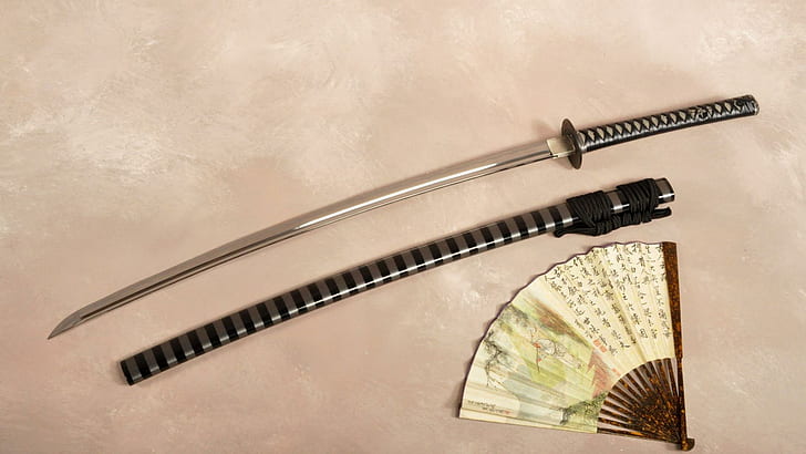 Japanese Sword Fan, photography, sword, cultur, katana, artifacts, weapon, japan, 3d and abstract, HD wallpaper