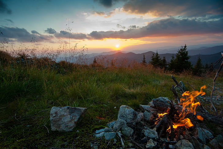 mountains, the evening, the fire, Ukraine, Carpathians, HD wallpaper