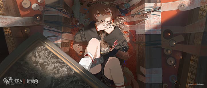 Hu Tao (Genshin Impact), schwarze Haare, void_0, Anime-Mädchen, Bein hoch, HD-Hintergrundbild HD wallpaper
