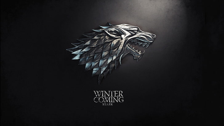 Winter Coming logo, 왕좌의 게임, 얼음과 불의 노래, 디지털 아트, House Stark, Direwolf, Winter Is Coming, sigils, 간단한 배경, HD 배경 화면
