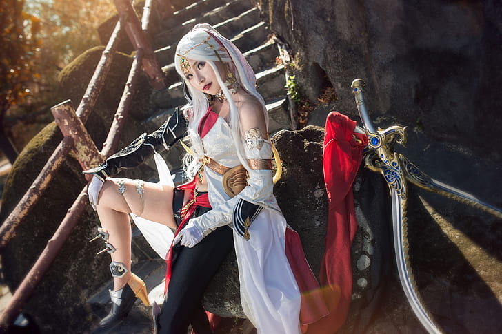 look, girl, light, decoration, face, pose, style, stones, weapons, feet, posts, sword, blonde, costume, ladder, beauty, shoes, outfit, railings, stage, image, Asian, elf, swords, sitting, warrior, shoulders, white hair, cosplay, long-haired, the girl-soldier, militant, HD wallpaper