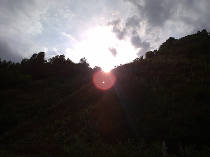 трава и облачное небо, солнце, свет, горы, отблеск, HD обои