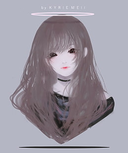 gadis anime, anime, Kyrie Meii, wajah, mata gelap, latar belakang sederhana, rambut panjang, Wallpaper HD HD wallpaper