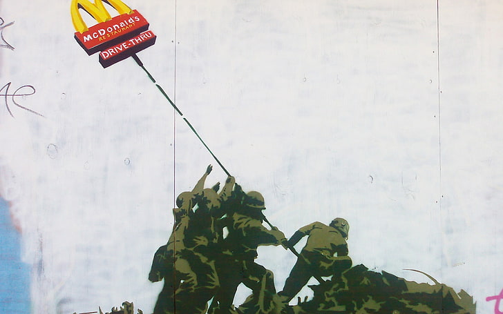 Papan tanda McDonalds Drive Thru, Banksy, grafiti, karya seni, McDonald's, Wallpaper HD
