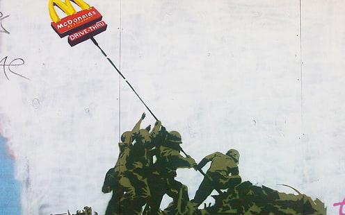 McDonalds Drive Thru signage, Banksy, graffiti, artwork, McDonald's, HD wallpaper HD wallpaper