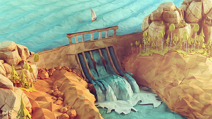 estrado de madeira marrom com colchão, arte digital, natureza, paisagem, Mateusz Szulik, baixo poli, 3D, rocha, usina, cachoeira, iates, barragem, árvores, HD papel de parede