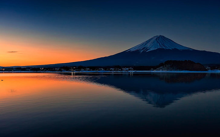 панорамное фото горы Фудзи, Япония, отражение, гора Фудзи, озеро, закат, горы, HD обои