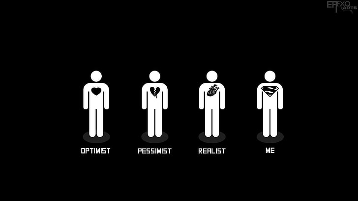 fyra manliga symboler, Optimist, Pessimist, Realist, Mig illustration, hjärta, svart, enkel, humor, Superman, liv, minimalism, HD tapet