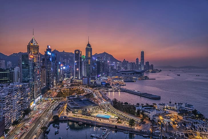 Sonnenuntergang, Gebäude, Zuhause, Hongkong, Bucht, Nachtstadt, Wolkenkratzer, Hongkong-Insel, Causeway Bay, Остров Гонконг, HD-Hintergrundbild