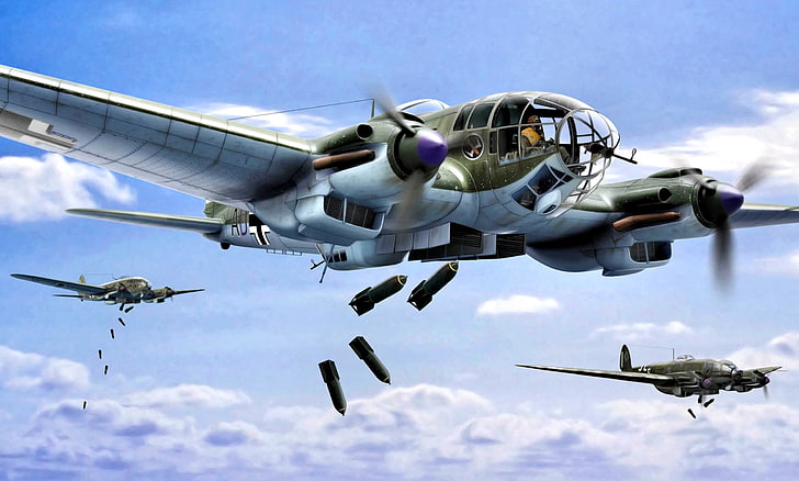 Niemcy, sztuka, bombowiec, Heinkel, II wojna światowa, He-111, II wojna światowa, bomby, Tapety HD