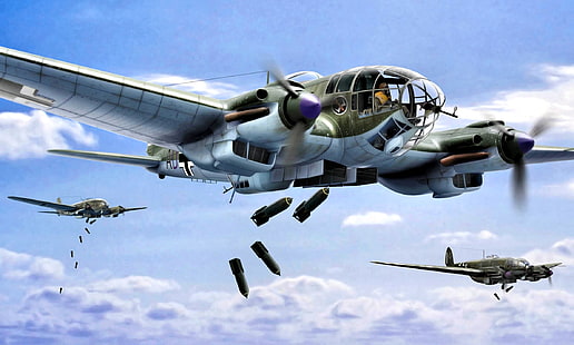 Germany, art, Bomber, Heinkel, The second World war, He-111, WWII, bombs, HD wallpaper HD wallpaper