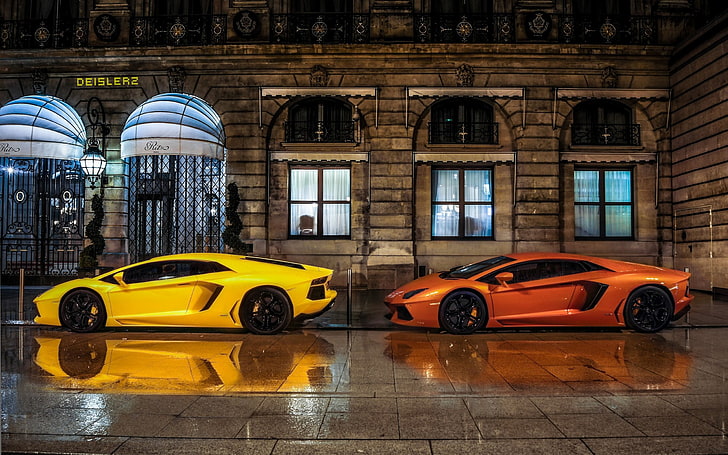 two orange and red sport cars, car, Lamborghini, Lamborghini Aventador, yellow, orange, italian cars, mid-engine, HD wallpaper