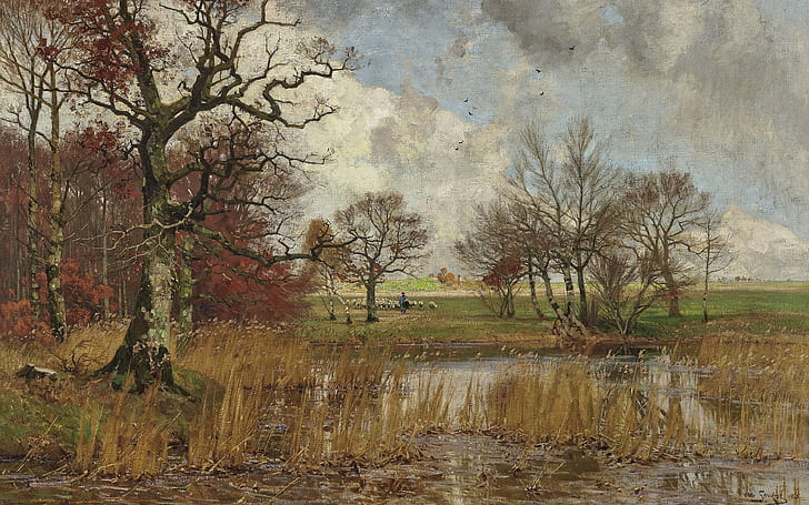 1915年、ドイツの画家、レオポルド・オットー・ストリュッツェル、レオポルド・オットー・ストッツェル、キャンバスに油彩、オットー・ストッツェル、オットー・ストリュッツェル、羊飼いのいる秋の風景、 HDデスクトップの壁紙