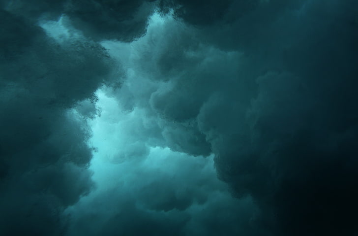 nube blanca, agua, bajo el agua, nubes, oscuridad, burbujas, cian, Fondo de pantalla HD