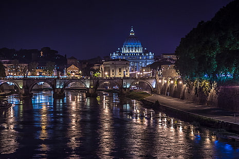 noc, most, światła, rzeka, Rzym, Włochy, Tyber, Katedra św. Piotra, Tapety HD HD wallpaper