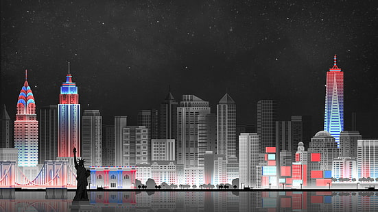 The sky, Minimalism, Night, The city, Art, New York, Digital, Illustration, New-York City, Game Art, by Caio Perez, Caio Perez, City Backgrounds, Fondo de pantalla HD HD wallpaper