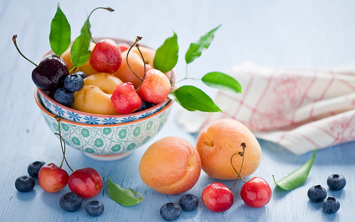 Still life fruit, apricots, cherries, blueberry, berries, leaves, Still, Life, Fruit, Apricots, Cherries, Blueberry, Berries, Leaves, HD wallpaper