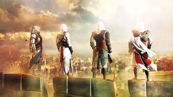 Connor Davenport, Altaïr Ibn-La'Ahad, Edward Kenway, Ezio Auditore da Firenze, Assassin's Creed, 3D, videospel, män, fan art, HD tapet