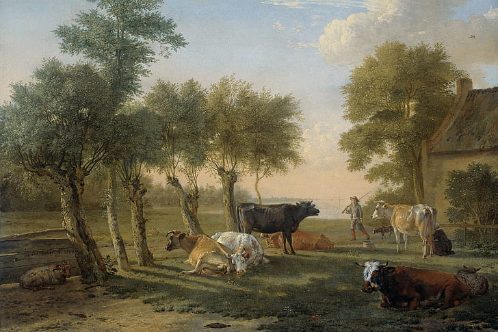 fazenda, vaca, pintura, arte clássica, animais, árvores, obra de arte, HD papel de parede