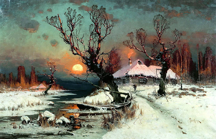 bare trees in front of house illustration, painting, snow, dead trees, stream, cottage, Sun, winter, classic art, Julius von Klever, Sunset in the Winter, HD wallpaper