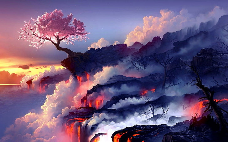 körsbärsblomsträd nära flytande lava digital tapet, digital konst, körsbärsblom, fantasikonst, lava, HD tapet