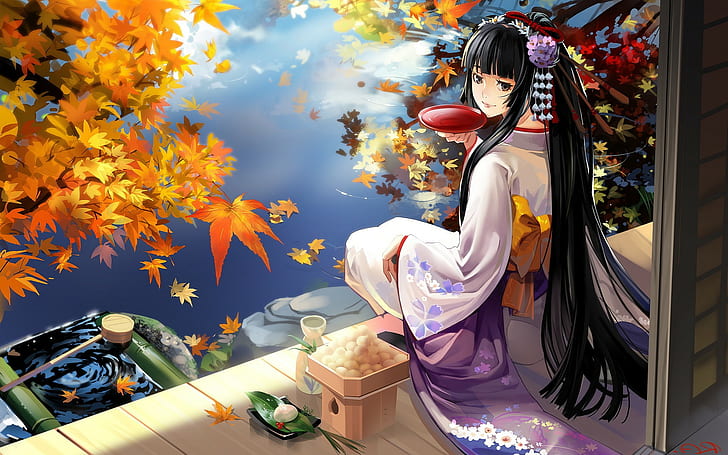 anime, gadis anime, kimono, pakaian Jepang, karakter asli, daun, sake, Wallpaper HD