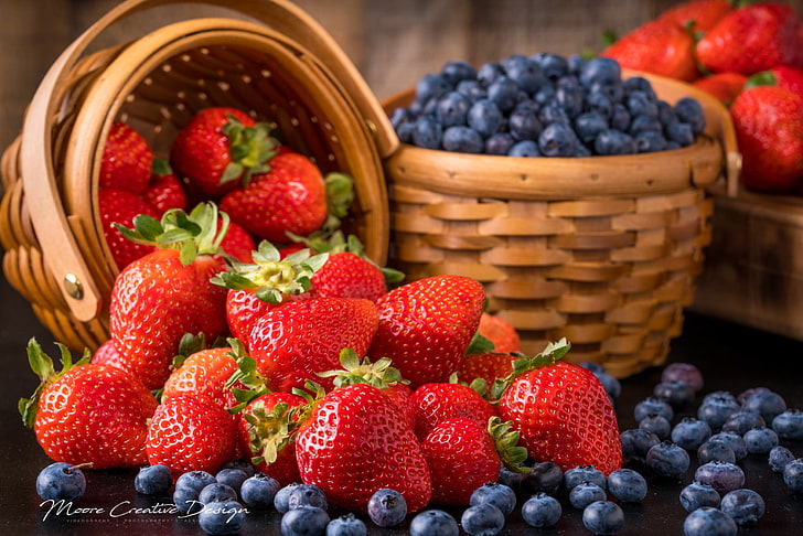 berries, basket, strawberry, blueberries, HD wallpaper
