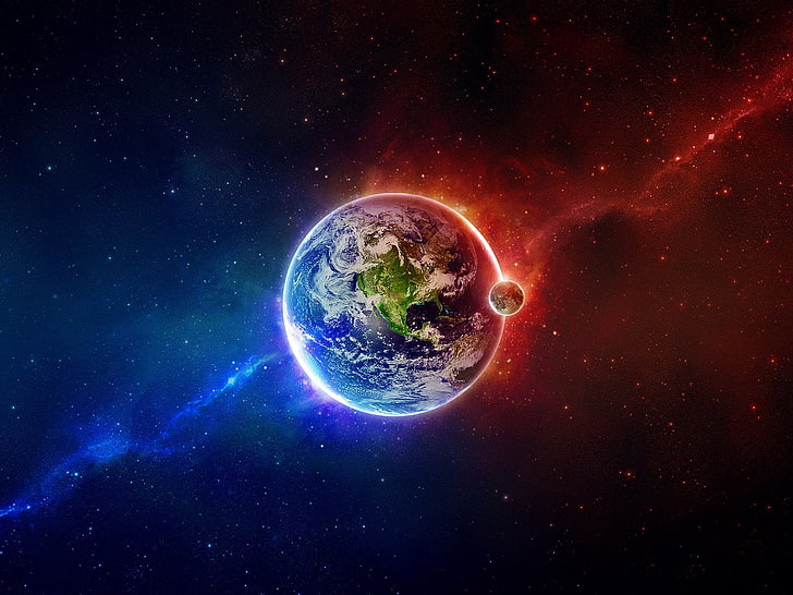 fondo de pantalla digital planeta azul y verde, tierra, planeta, azul, naranja, elementos, equilibrio, Fondo de pantalla HD