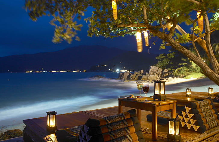 Lantern Bar by the sea, evening, tropical, dark, beach, ocean, sand, dusk, lanterns, atmosphere, candles, night, view, island, HD wallpaper