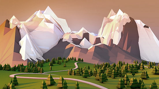 планинска илюстрация, планини и дървета илюстрация, ниско поли, произведения на изкуството, пейзаж, планини, просто, природа, HD тапет HD wallpaper