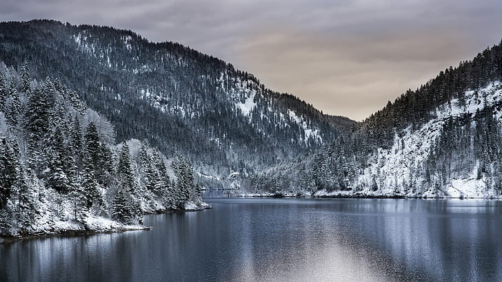 планинско езеро, зима, зимна природа, зимен пейзаж, сняг, езеро, планина, HD тапет