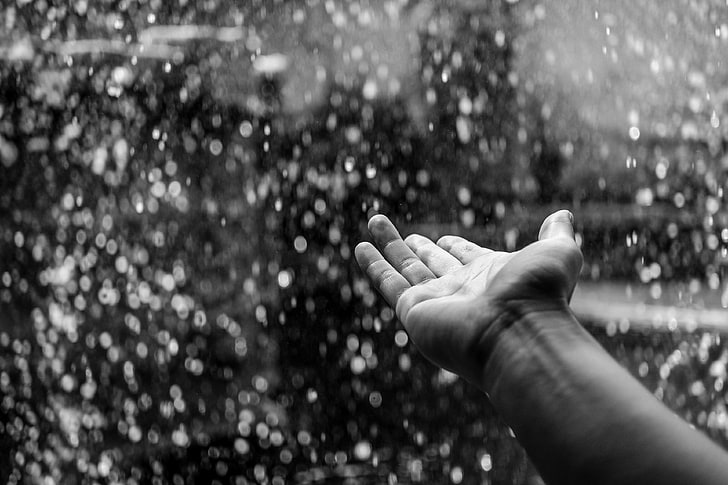 bianco e nero, mano, persona, piove, Sfondo HD