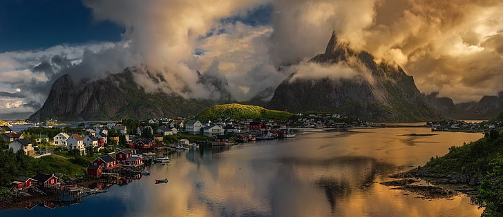 barco, nubes, fiordo, isla, paisaje, Lofoten, montaña, naturaleza, Noruega, mar, verano, luz solar, puesta de sol, ciudad, Fondo de pantalla HD
