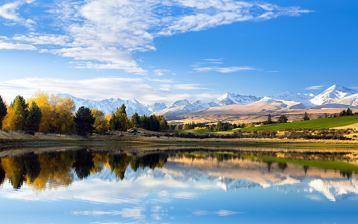 ニュージーランドの秋の雪山湖白い雲、 HDデスクトップの壁紙