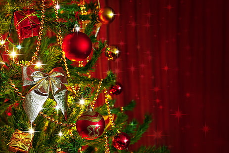 Decorazioni natalizie, decorazioni, palline, alberi, Capodanno, Natale, Sfondo HD HD wallpaper