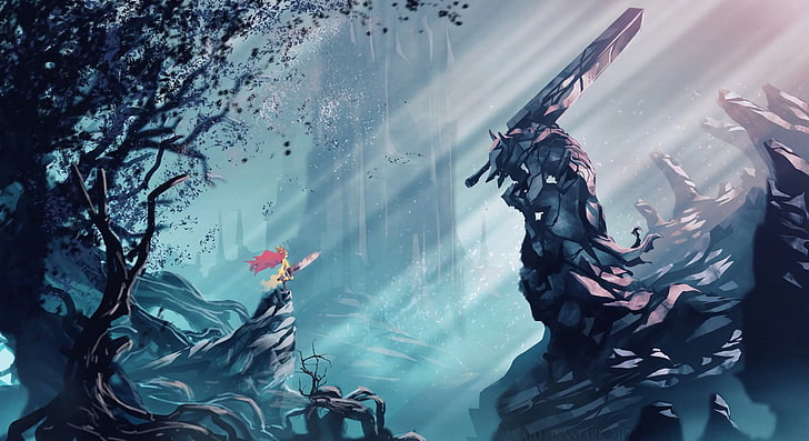 animated red haired woman holding sword standing on rock mountain cliff 3D wallpaper, fantasy art, creativity, Anato Finnstark, Child of Light, Berserk, HD wallpaper