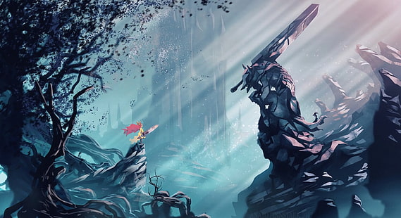 animata donna dai capelli rossi che tiene la spada in piedi sulla roccia montagna scogliera sfondo 3D, fantasy art, creatività, Anato Finnstark, Child of Light, Berserk, Sfondo HD HD wallpaper