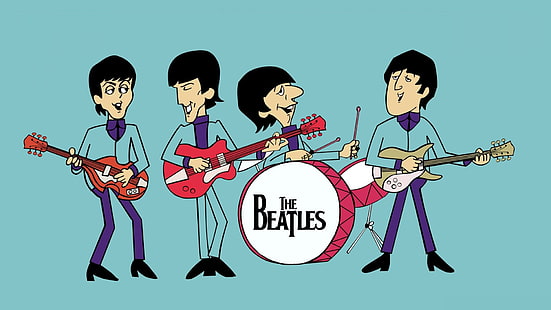 The Beatles wallpaper, musicien, chanteur, The Beatles, dessin animé, fond bleu, guitare, batterie, John Lennon, Paul McCartney, George Harrison, Ringo Starr, légende, musique, Fond d'écran HD HD wallpaper