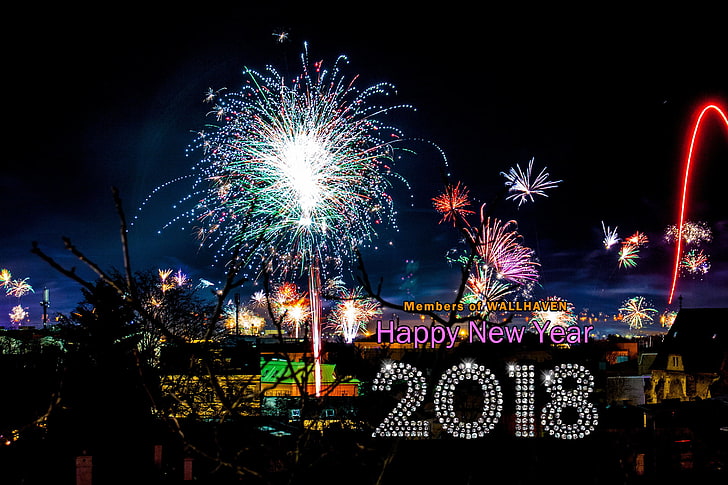 Fondo de pantalla de feliz año nuevo 2018, feliz año nuevo, 2018 (año), fuegos artificiales, Fondo de pantalla HD
