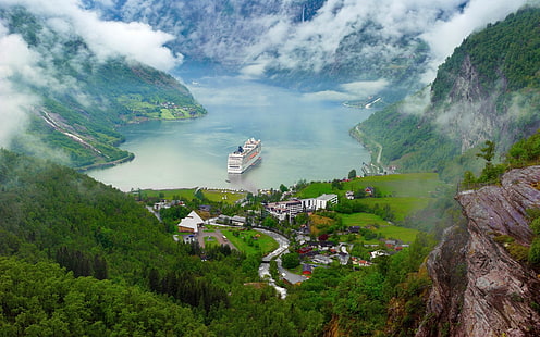 paesaggio della foresta, Norvegia, natura, paesaggio, fiume, lago, nave, nave da crociera, nuvole, montagne, foresta, alberi, Geiranger, Sfondo HD HD wallpaper