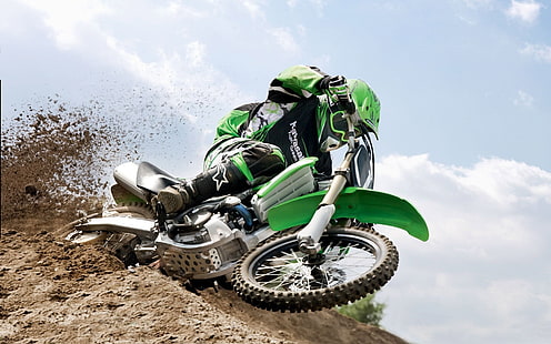 grön och vit motocross smutscykel, sport, motocross, cykel, gruscykel, gruscykel, motorcykel, sport, fordon, HD tapet HD wallpaper