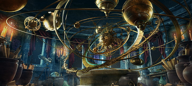 Solar System illustration, fantasy, planet, candles, steampunk, vases, planetarium, HD wallpaper