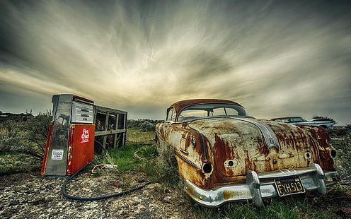 vintage brown vehicle, wreck, car, vehicle, HDR, HD wallpaper HD wallpaper