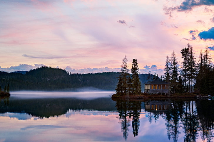 photography, nature, trees, mist, house, alone, lake, clouds, sky, island, spruce, HD wallpaper